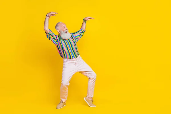 Full Length Photo Charming Positive Guy Dressed Striped Shirt Dancing — Stock Photo, Image