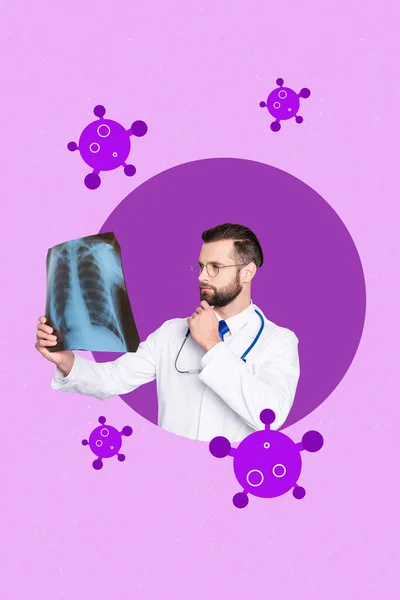 Artwork magazine collage picture of thoughtful doctor thinking holding x-ray photo isolated drawing background.