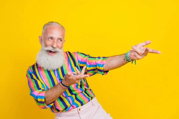 Photo Cool Excited Guy Dressed Striped Shirt Having Fun Looking — Stock Photo, Image