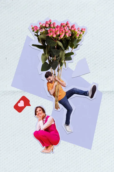 Creative Photo Collage Postcard Poster Beautiful Couple Celebrate Honeymoon Present — Fotografia de Stock