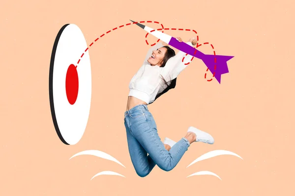 Collage Photo Young Funny Business Woman Jumping Active Hold Arrow — Stockfoto
