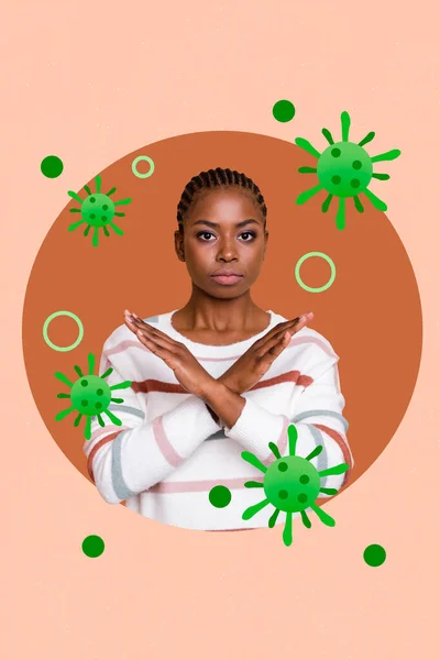 Vertical Collage Photo Young Serious Woman Crossed Arms Coronavirus Global — Φωτογραφία Αρχείου