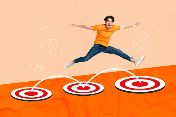 Composite Collage Photo Youngster Overjoyed Influencer Man Jumping Active Targets — Foto Stock