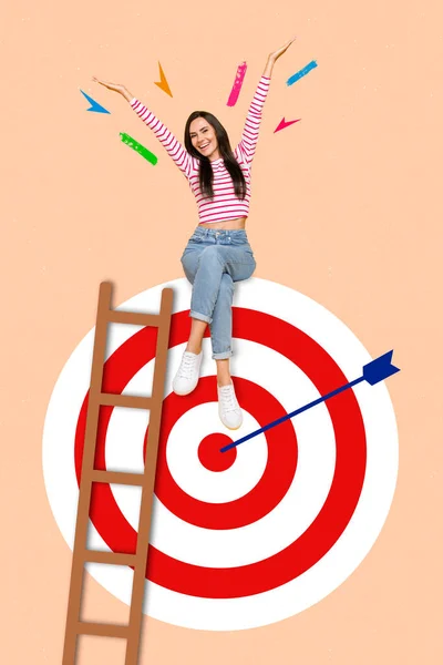 Vertical Collage Picture Excited Positive Girl Climb Ladder Sit Huge — Foto Stock