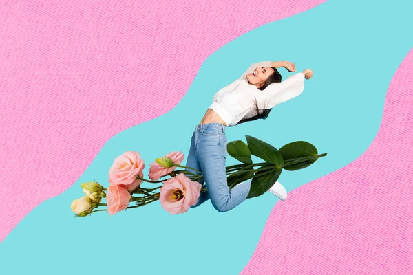 Creative Collage Portrait Positive Carefree Girl Sit Flying Big Rose — Stock Fotó