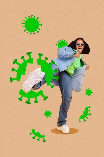 Vertical Collage Image Excited Positive Girl Leg Kick Destroy Virus — Stok fotoğraf