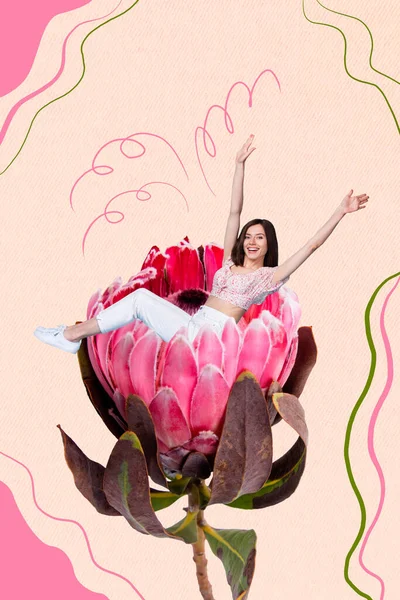 Vertical Collage Picture Cheerful Gorgeous Girl Sit Big Fresh Flower — Stockfoto