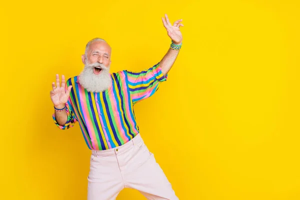 Photo Excited Cheerful Guy Dressed Striped Shirt Having Fun Enjoying — Stock Photo, Image
