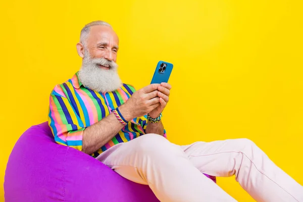 Photo Funky Pretty Guy Dressed Striped Shirt Communicating Modern Device — Photo