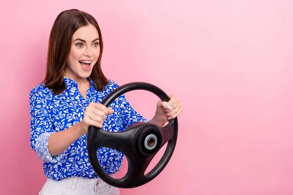 Portrait Funny Cheerful Lady Hands Hold Wheel Open Mouth Empty — Stockfoto