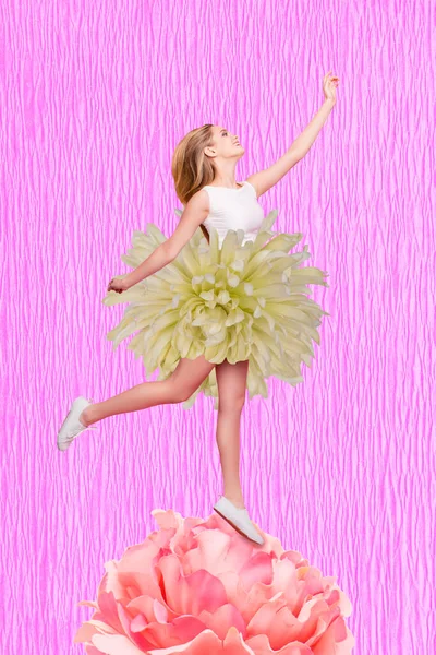 Collage 3d image of pinup pop retro sketch of charming lady dancing having fun standing flower isolated painting background.