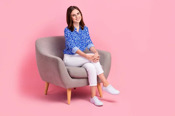 Full Length Photo Shiny Adorable Lady Wear Print Shirt Sitting — Stockfoto