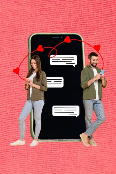Creative Collage Photo Young Couple Two Lovely People Hold Smartphones — Stockfoto