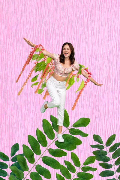 Vertical Collage Image Cheerful Pretty Mini Girl Stand Dancing Green — Stockfoto
