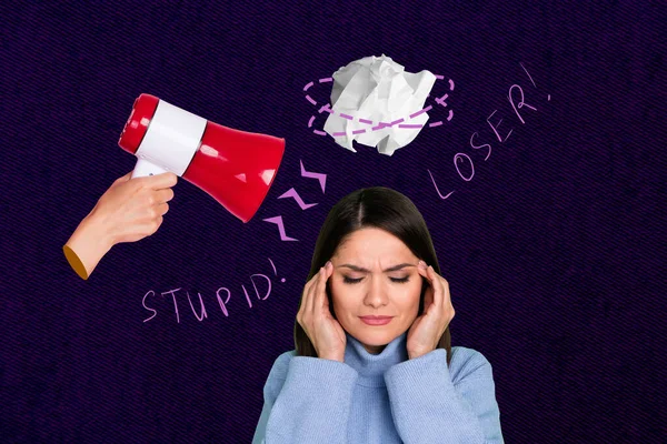 Photo template artwork of dissatisfied woman worker touch hands headache problems megaphone noise harassment isolated on painted background.