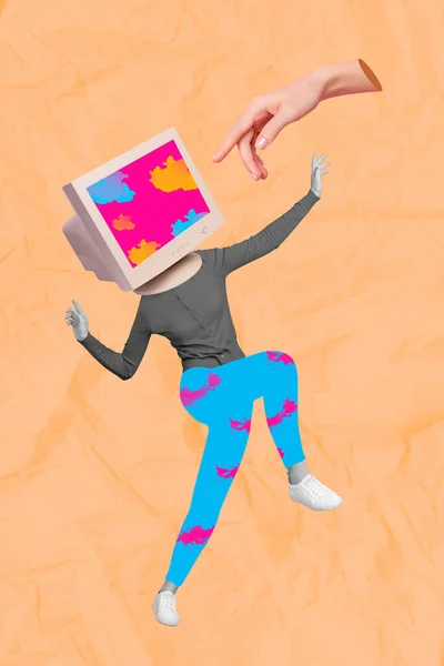 若い頭のない女性の現代技術の創造的なアートワーク写真のコラージュユーザーコンピュータモニターの描画ベージュの色の背景に孤立 — ストック写真