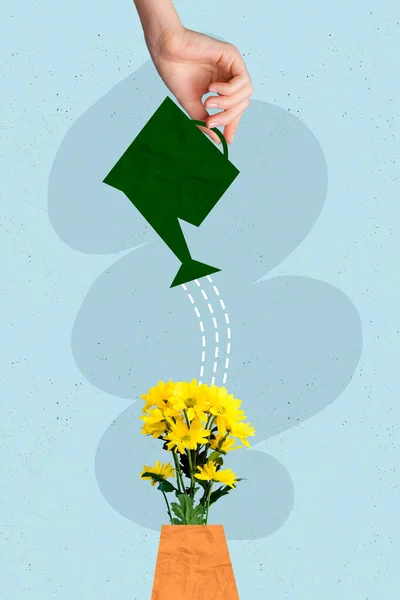 Composite Vertical Design Minimal Collage Beautiful Bunch Yellow Flowers Watering — Stockfoto