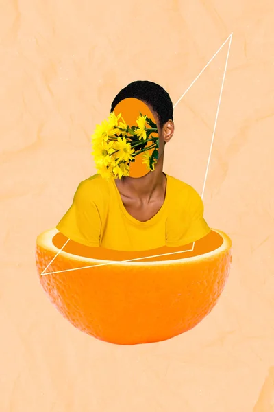Творчий Рекламний Плакат Колаж Молодої Безголовий Жінки Жовта Квітка Квітуча — стокове фото
