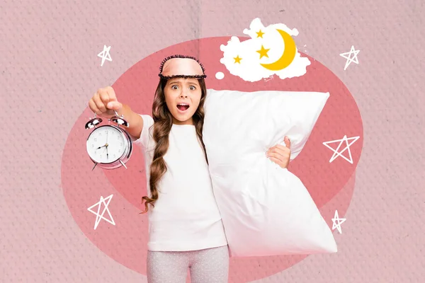 3d retro abstract creative artwork template collage of shocked small kid showing clock going bed isolated painting background.