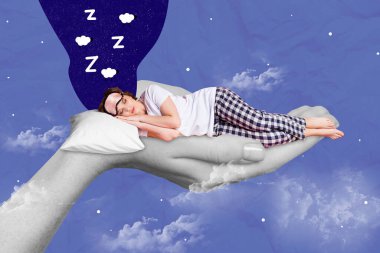 Photo collage artwork minimal picture of smiling dreamy lady sleeping lying big arms isolated drawing background. clipart