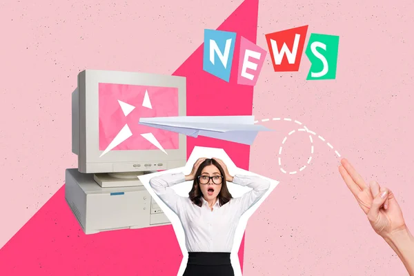 Photo Collage Young Funky Reporter Media News Worker Lady Confused — Stok fotoğraf