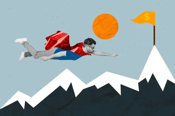目標達成を速く飛ぶ若いスーパーヒーローの男のコラージュ写真フィニッシュラインフラグ取得お金は豊かなキャリアの丘になる背景を描く上で隔離 — ストック写真