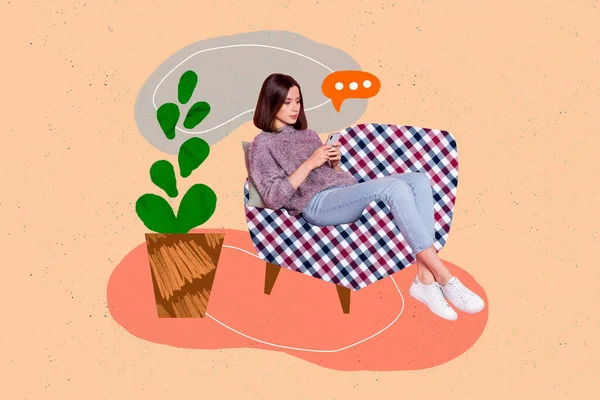 Retro Abstract Creative Artwork Template Collage Busy Lady Chatting Instagram — Stockfoto