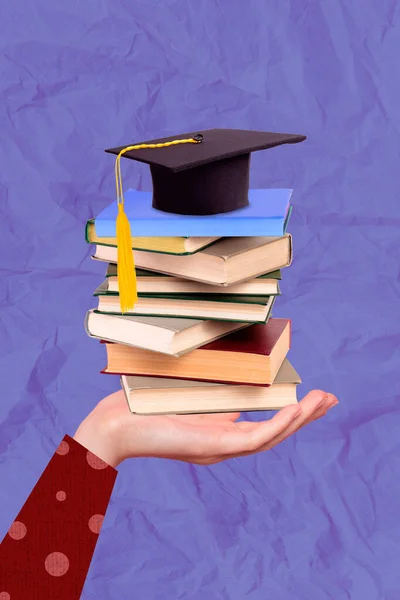 Photo Collage Hand Holding Stack Books Library Preparation Last Exam — Stock Photo, Image