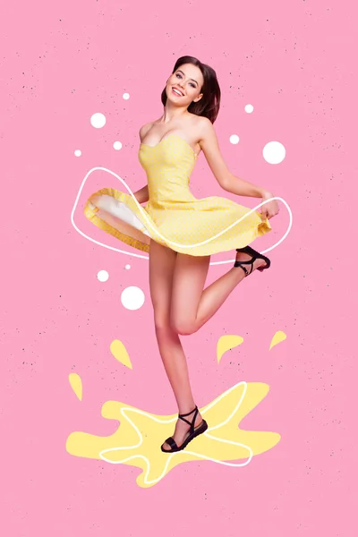Collage 3d image of pinup pop retro sketch of smiling happy lady dancing wear short sexy dress isolated painting background.