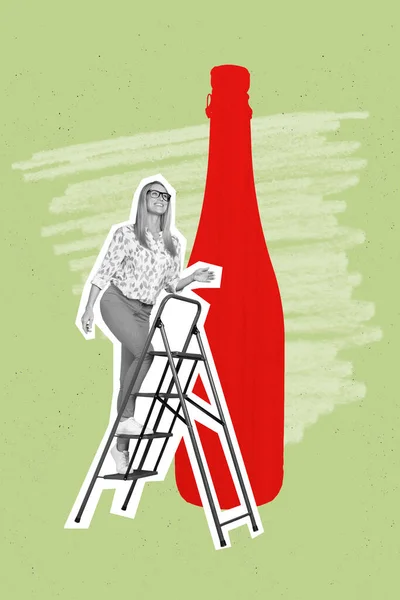 若い女性の垂直コラージュ写真2階はしごを歩く冷たいガラスボトルブランドドリンクアルコール飲料塗装緑の背景に孤立 — ストック写真