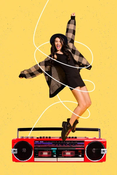 Vertical Collage Image Cheerful Excited Girl Stand Big Boombox Dancing — Stockfoto