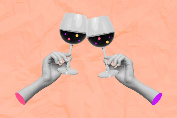 Collage Photo Artwork Template Hands Cheers Clink Wineglasses Party Holiday — Stock Photo, Image