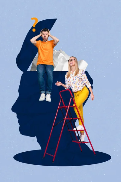 Vertical Collage Image Two Mini People Climb Ladder Sit Huge — Φωτογραφία Αρχείου