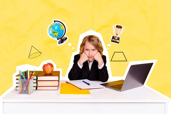 Composite Collage Image Clever Child Boy Think Brainstorming Use Netbook — Stok fotoğraf