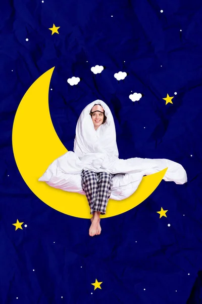 Collage artwork graphics picture of beautiful dreamy lady sitting under blanket big night moon isolated painting background.