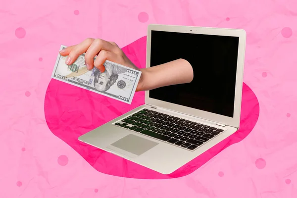 Collage Photo Absurd Hand Take Real Money Dollars Laptop Computer — Stock fotografie