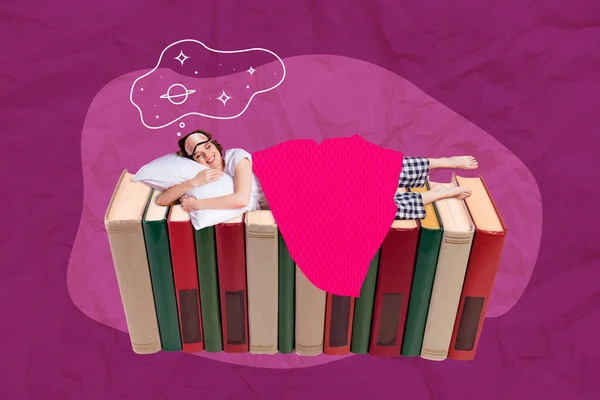 Artwork magazine collage picture of charming happy lady sleeping big huge book pile isolated drawing background.
