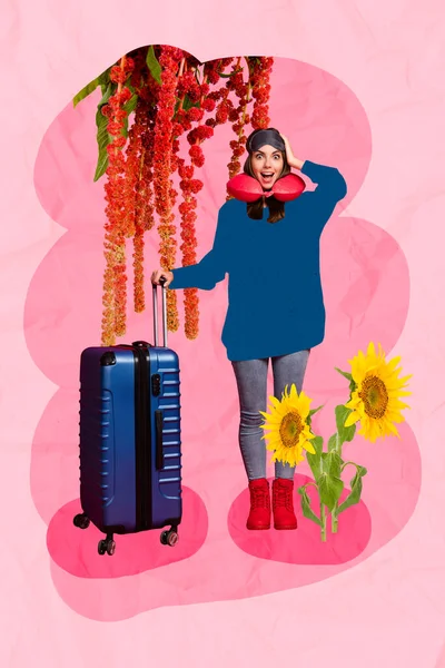 Vertical Collage Picture Impressed Positive Girl Hold Suitcase Fresh Flowers — Stockfoto