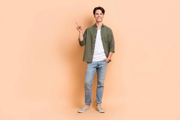 Full Length Photo Cadre Young Satisfied Man Student Wear Casual — Stok fotoğraf