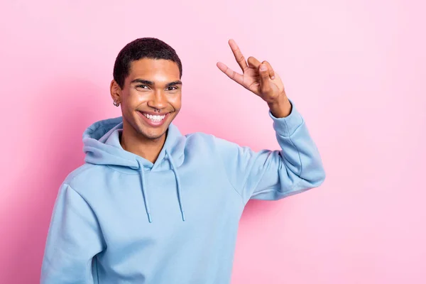 Photo Portrait Positive Smiling Cheerful Attractive Guy Wear Blue Hoodie — Foto de Stock