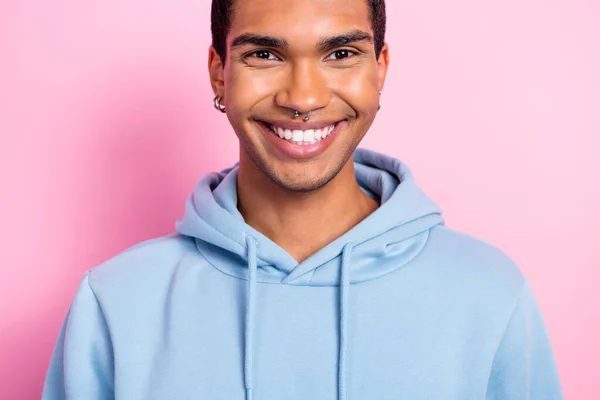 Cropped Close Portrait Cheerful Nice Person Beaming Smile Isolated Pink — Zdjęcie stockowe