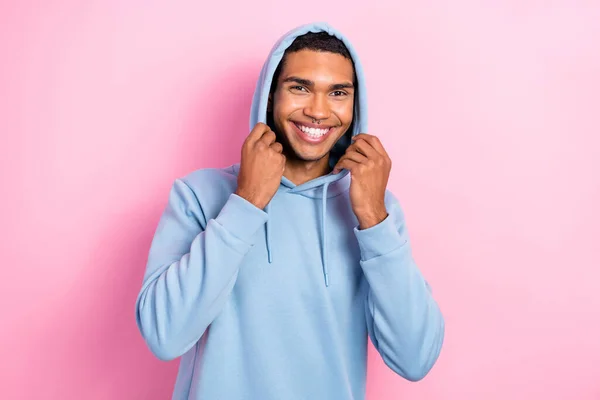 Photo Nice Glad Man Wear Comfort Blue Outfit Hood Preparing —  Fotos de Stock
