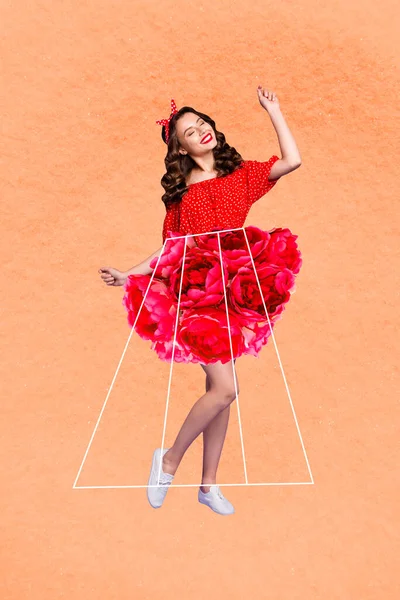 縦コラージュ写真の魅力的な陽気な女の子楽しむダンス花代わりにスカートの上に隔離された創造的な背景 — ストック写真