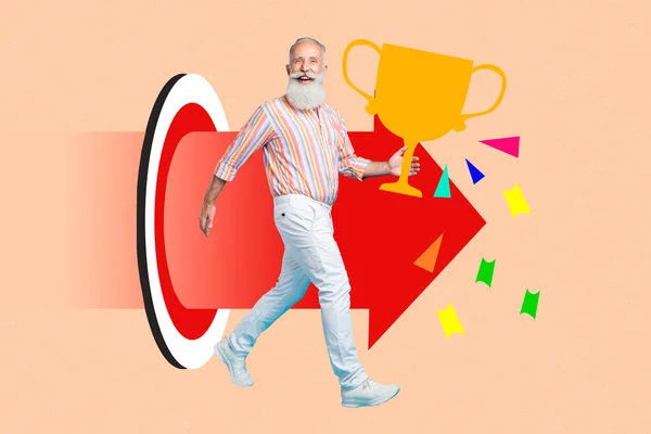 Creative Collage Picture Positive Mini Grandfather Hold Champion Cup Walking — Stockfoto