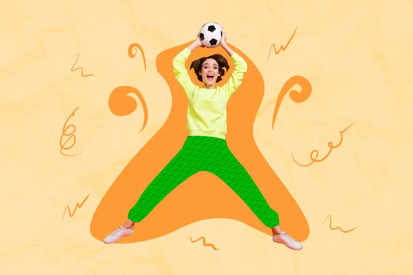 Composite Collage Image Excited Overjoyed Girl Jumping Arms Hold Catch — Stock Photo, Image