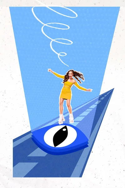 Creative Photo Collage Artwork Poster Postcard Crazy Girl Riding Skates — Zdjęcie stockowe