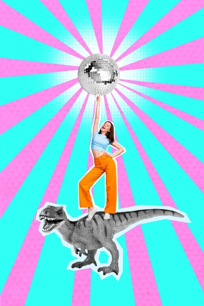 Creative Photo Collage Artwork Poster Postcard Young Positive Girl Dancing — Zdjęcie stockowe
