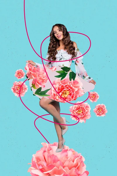 Collage artwork graphics picture of charming beautiful lady wear floral print dress isolated painting background.