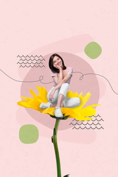 Imagination Sketch Graphics Collage Little Lay Sitting Yellow Gerbera Nature — Zdjęcie stockowe