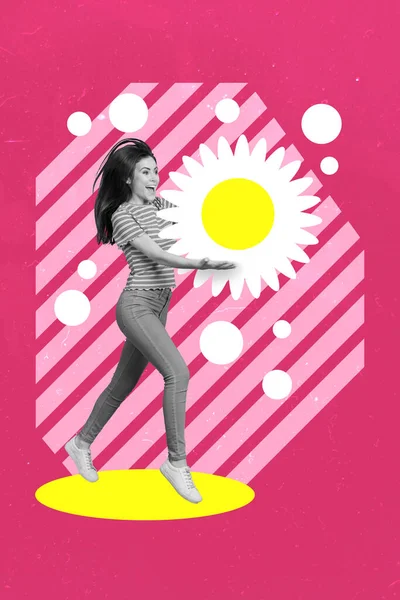 Photo Artwork Designed Collage Young Rejoice Energetic Woman Hold Big — Stockfoto